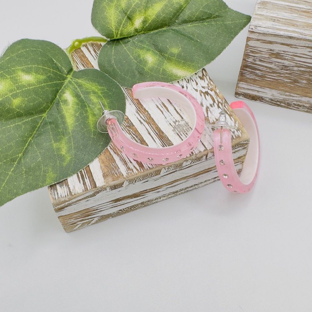 Vintage Pink & White Lucite Rhinestone Hoop Earrings